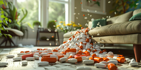Vibrant Nature Contrasted with Piles of Prescription Drugs: A Haunting Reminder of Addiction's Destructive Impact