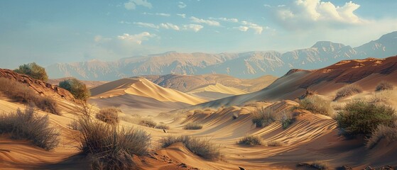 An arid desert landscape under the harsh midday sun