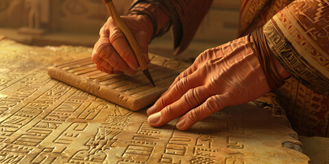 A Sumerian scribe, carefully translating ancient clay tablets in the temple of knowledge