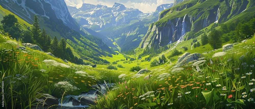 Poster an idyllic summer view of the swiss alps