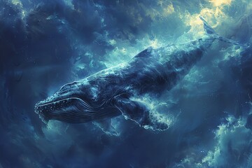 Craft a serene underwater scene featuring a minimalist Leviathan gliding through deep blue waters