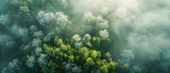 Top view of a sprawling young forest in spring