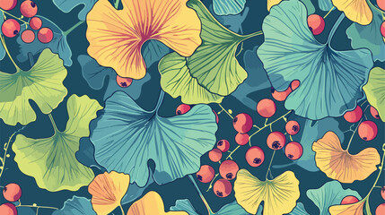 Seamless pattern with ginkgo biloba branches and leaves