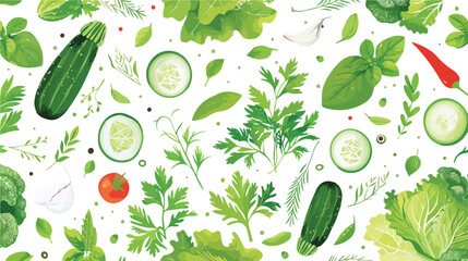 Seamless pattern with green vegetables salad leaves a