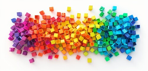 Abstract background, top view of wide pile various colorful rainbow colored stackable plastic toy bricks isolated on white 