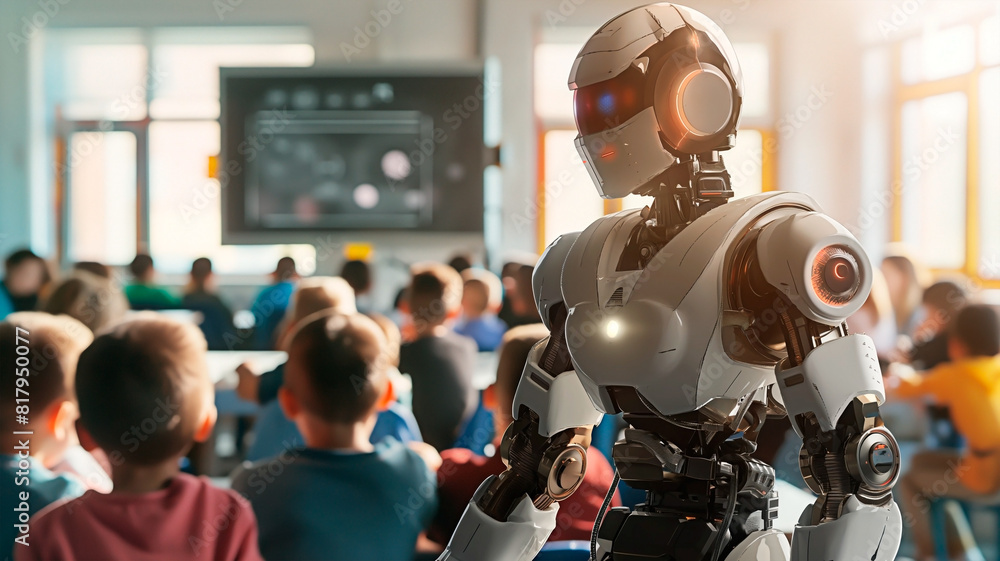 Poster robot assistant enhancing learning experience in school. futuristic robot assistant in elementary cl