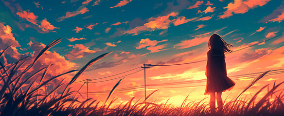 A girl watching a beautiful sunset in a field. In anime style. Panoramic view.