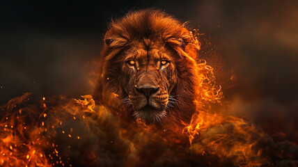 Powerful male lion coming from flames. Concept of courage and strenght.