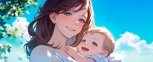 Kawaii Anime Mother and Baby in Nature in a summer day under a serene blue sky.