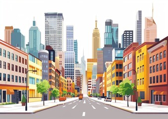 Vibrant Illustration of Busy Urban Cityscape with Skyscrapers and Traffic