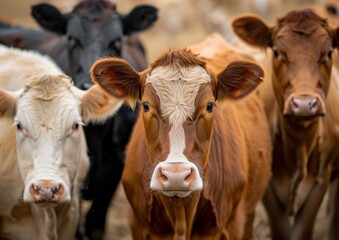 Herd of Cattle on the Farm: Brown and Black Cows Looking Curious