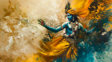 Artwork of krishna dancing on white background with copy space.