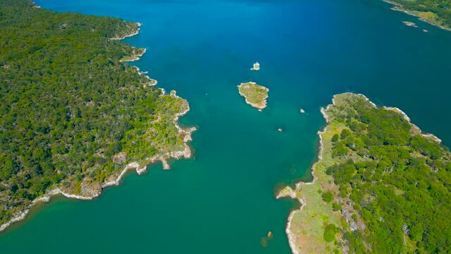 Aerial view of Abel Tasman's islands and inlets on New Zealand.