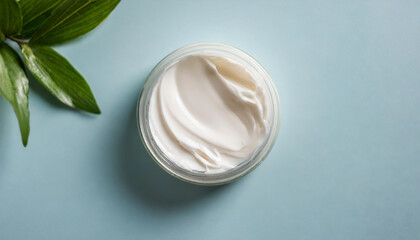 White skincare cream swatch on pastel background, symbolizing purity and beauty care routine