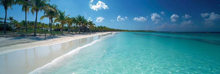 A beautiful beach with palm trees and a clear blue ocean