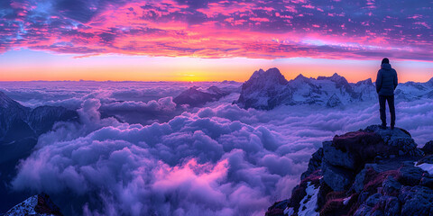 Obraz premium A man stands on a mountain top, looking out at the beautiful sunset