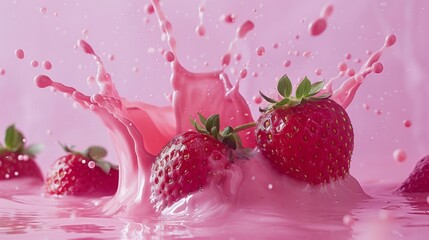 Strawberries with milk waves, Strawberry drink and strawberry yogurt advertising design. Strawberry milk shake, 3d render. High quality photo