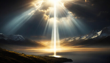 beam of light pierces through the darkness of the night sky, symbolizing divine presence and spiritual illumination