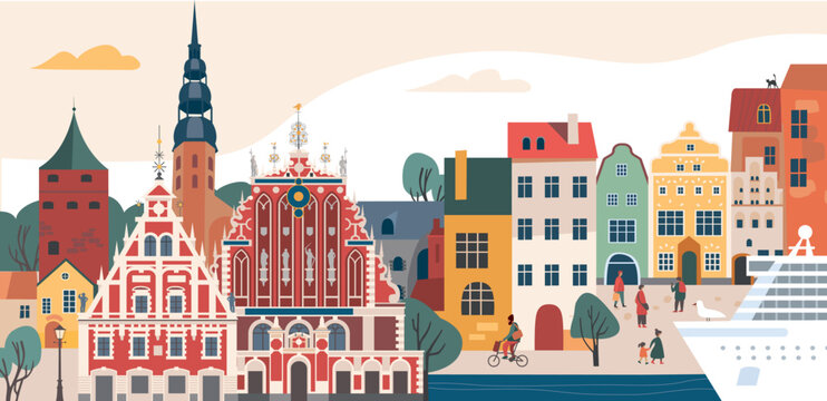 Panoramic view of old part of Riga. Famous buildings symbols and landmarks. Flyer or poster welcome to Latvia. Medieval European city.