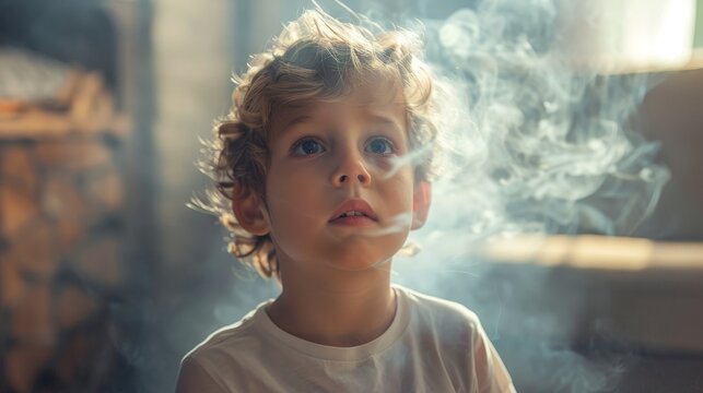 Boy surrounded by smoke looking up showing concern and mental state in hazy room