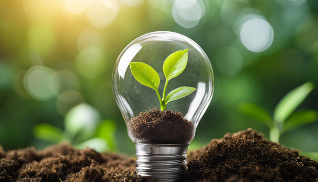light bulb filled with soil and sprouting green plant represents fresh ideas nurturing environmental consciousness