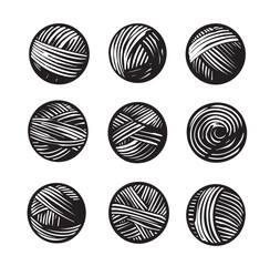 Vector ball of thread strokes circle texture set hand drawing style in black color isolated on white background for drawing, logo, emblem, label. Circle of handmade grunge stripes