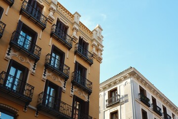 Upward view on elegant rich old fashioned buildings in the centre of Madrid, Spain. Spanish...