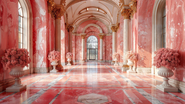Rococo inspired, a pink palace corridor with stone vases and flowers.
