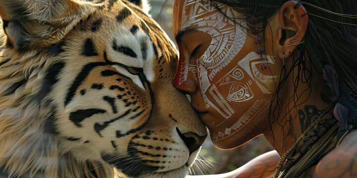 A shaman, their face painted with intricate symbols, dances with a spirit animal, communing with the animal's wild essence.