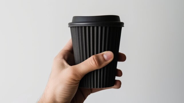 A hand holding a black coffee cup with a black lid. - Powered by Adobe