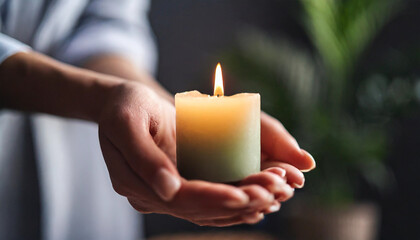 hand holds a flickering candle in a dimly lit room, symbolizing hope, solitude, and reflection