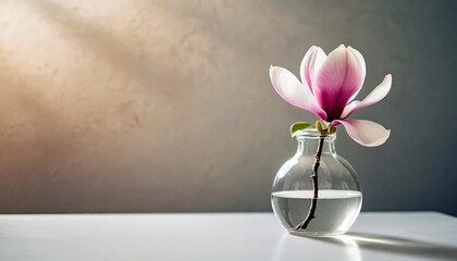 pink magnolia flower in full bloom is elegantly displayed in a transparent glass vase, positioned...