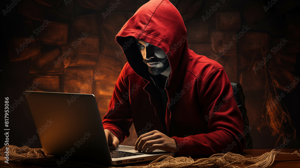Poster a hacker in a red hoodie is sitting in a dark room typing on a laptop.