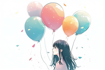 A girl holding a bunch of balloons.
