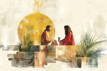  A minimalist illustration of Jesus with the Samaritan woman at the well of Jacob, showcasing simple and clean lines to create a serene atmosphere, with a focus on the interaction 