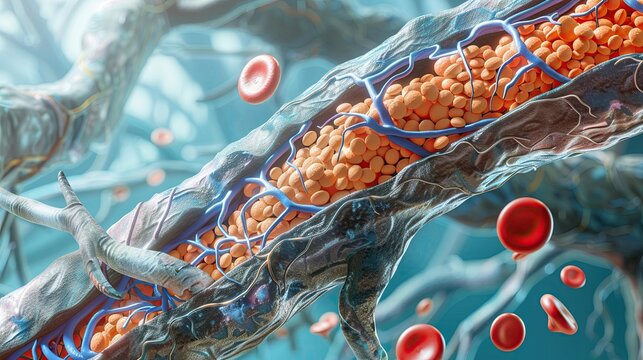 Educational illustration of lipoprotein particles in arterial wall, high detail, side perspective