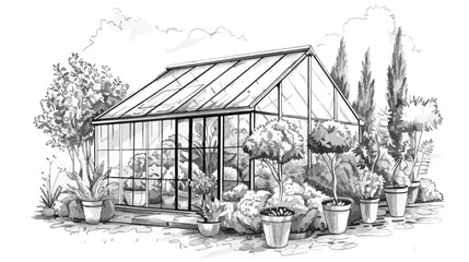 Sketch of beautiful glasshouse building surrounded by
