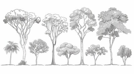 silhouette tree line drawing set, Side view, set of graphics trees elements outline symbol for architecture and landscape design drawing. Vector illustration in stroke fill in white. Tropical 