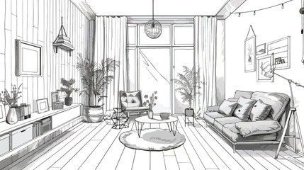 Sketch of stylish living room full of furnishings han