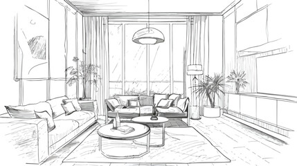 Sketch of stylish living room full of furnishings han