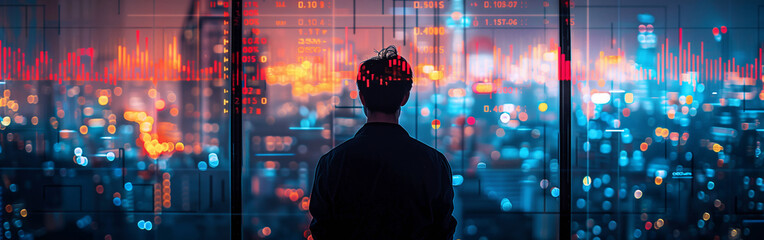 Businessman standing in panthouse office next to huge panoramic window with incredible night city bussiness downtown. Modern finance world money, success bussines people