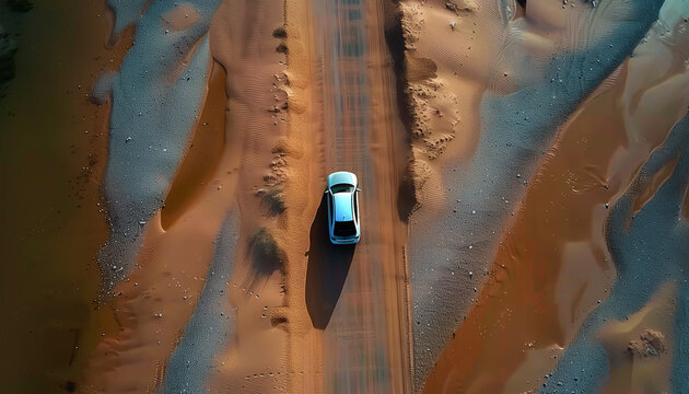 Drone Aerial Point Of View. White Car Moving By Dusty Deserted Road Lost In Sandy Dunes. Exploration Journey In Desert, Car Driving Along Scenic Road Amidst Sand Dunes, Travel And Adventure Concept.