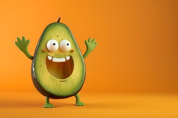 Animated Avocado Character Delighting in Fun Pose on Orange Background. Whimsical Illustration, Perfect for Food Concepts. Generative AI