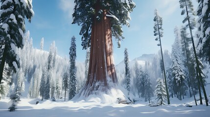 A magnificent redwood tree towering over a snowy white surface