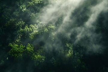 Lush green forest canopy bathed in sunlight and mist. Peaceful nature scene perfect for tranquility. Ideal for backgrounds. Generative AI