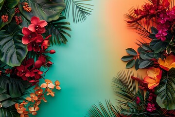 Vibrant Tropical Flowers Bordering a Pastel Gradient Background. Perfect for Invitations. Lush Nature Theme. Generative AI