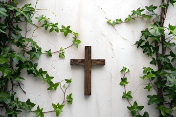 Wooden cross surrounded by ivy on a white wall. Symbol of faith and hope in nature. Perfect for spiritual themes. Generative AI