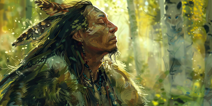 A shaman, clad in animal furs, journeys through the forest, communing with nature and honoring the balance of life. 