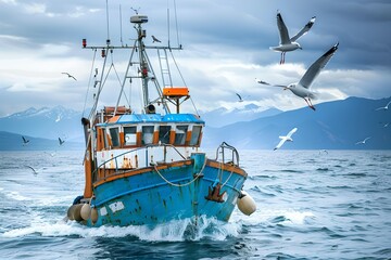 Fishing boat braving rough seas, seagulls in pursuit for a catch. Nautical adventure, natural marine setting. Ideal for travel and adventure themes. Generative AI