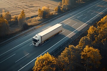 A lone truck on a busy highway. Aerial view of a long road with a truck. Tranquil and beautiful autumn landscape. Vibrant color contrasts. Perfect for transportation or logistics themes. Generative AI